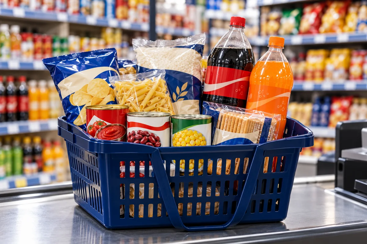 سبد خرید سوپرمارکت با کنسرو، نوشیدنی و کالاهای بستهبندیشده